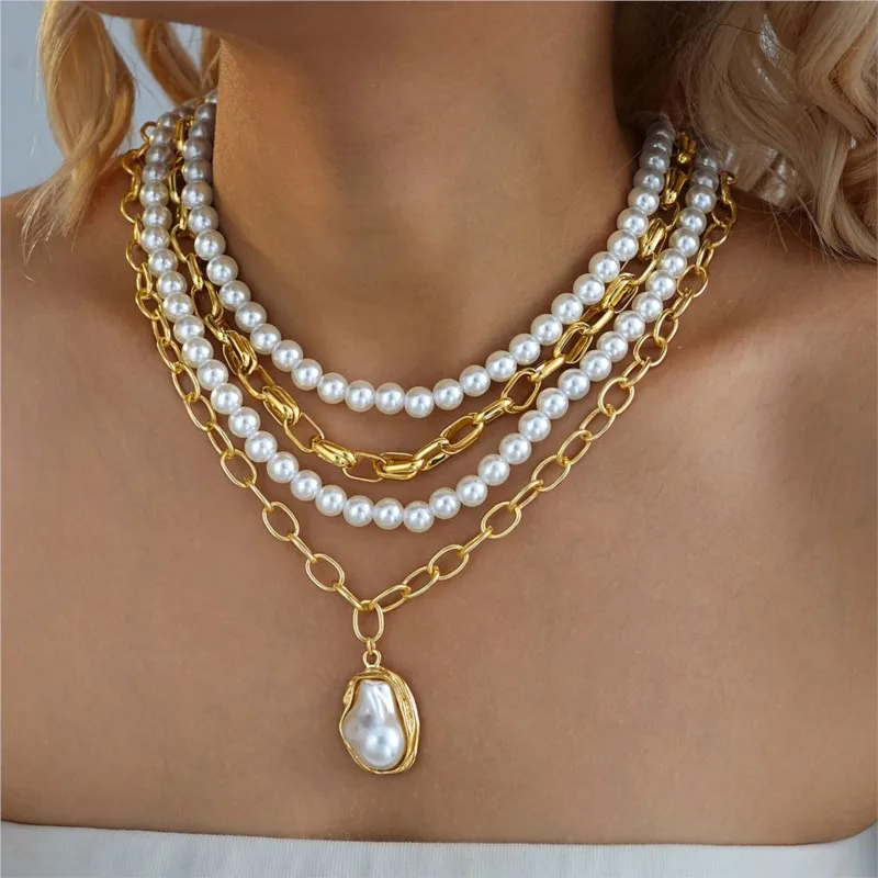 4-teiliges Elegantes Unregelmäßiges Perlenketten-Set für Damen, Übertriebener Vintage-Punk-Stil, Hochzeitsschmuck-Geschenke – Detail 4