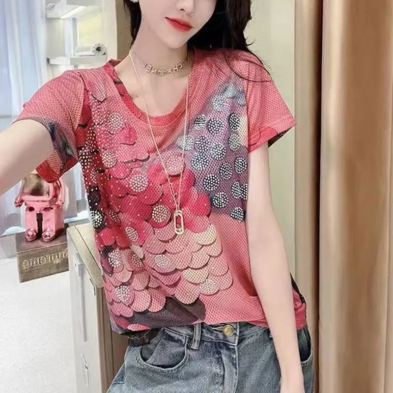 Women\'s Clothing Casual Letter T-shirt Summer Short Sleeve Fashion Diamonds Printed Commute Korean Round Neck Straight Pullovers