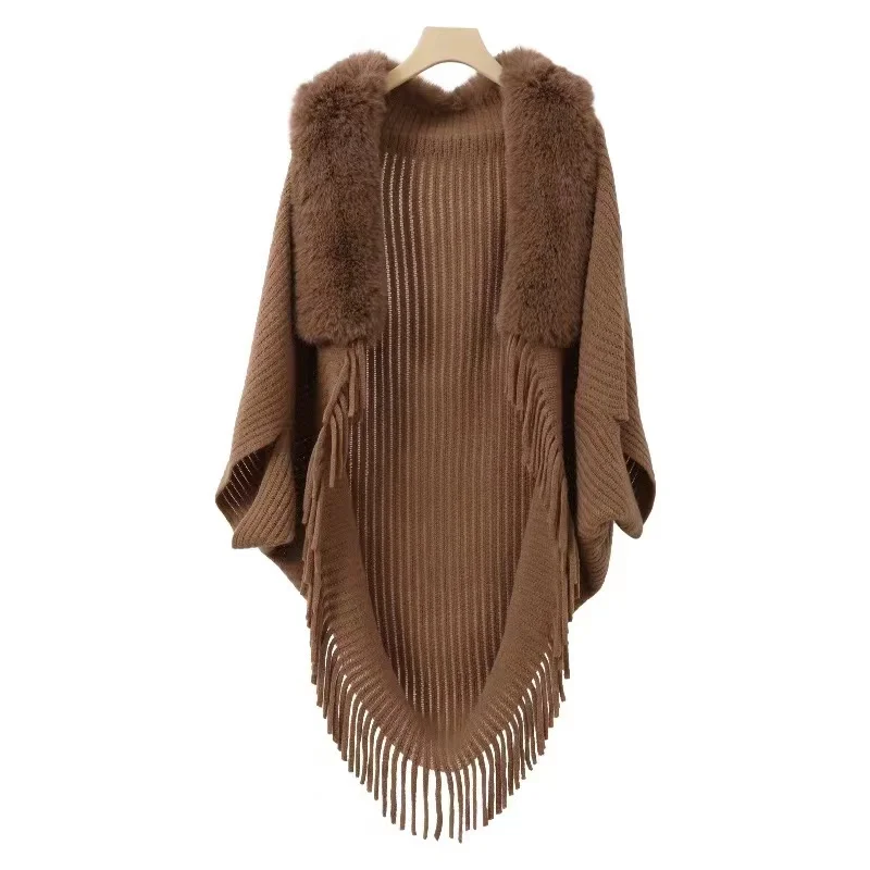 Women Poncho spring autumn wool Knitted Faux Fur Collar Tassel Shawl Cloake elegant loose high quality Wrap Cardigan warm Coat