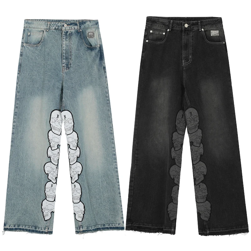 American Trend Revenge Jeans High Quality Skull Embroidery Original Tag Hip Hop Wide Leg Pants REVENGE Casual Pants