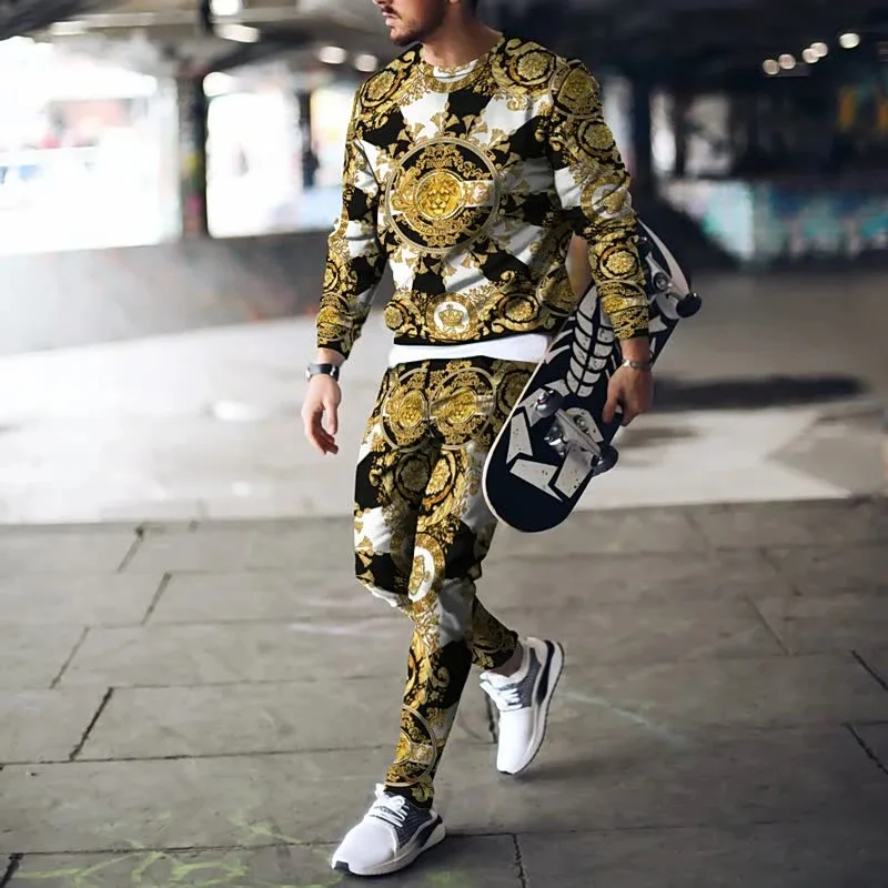 

Autumn fashion soild color Long Sleeve T shirt tracksuit men trousers set oversized sweatpants 2 piece suit sporwear 2PCs sets