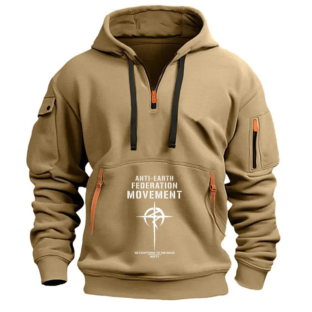 Anime Gundam Anti-Earth Federation Movement Kapuzenpullover mit halbem Reißverschluss, schweres Herren-Sweatshirt mit mehreren Taschen im Streetwear-Stil – Detail 6