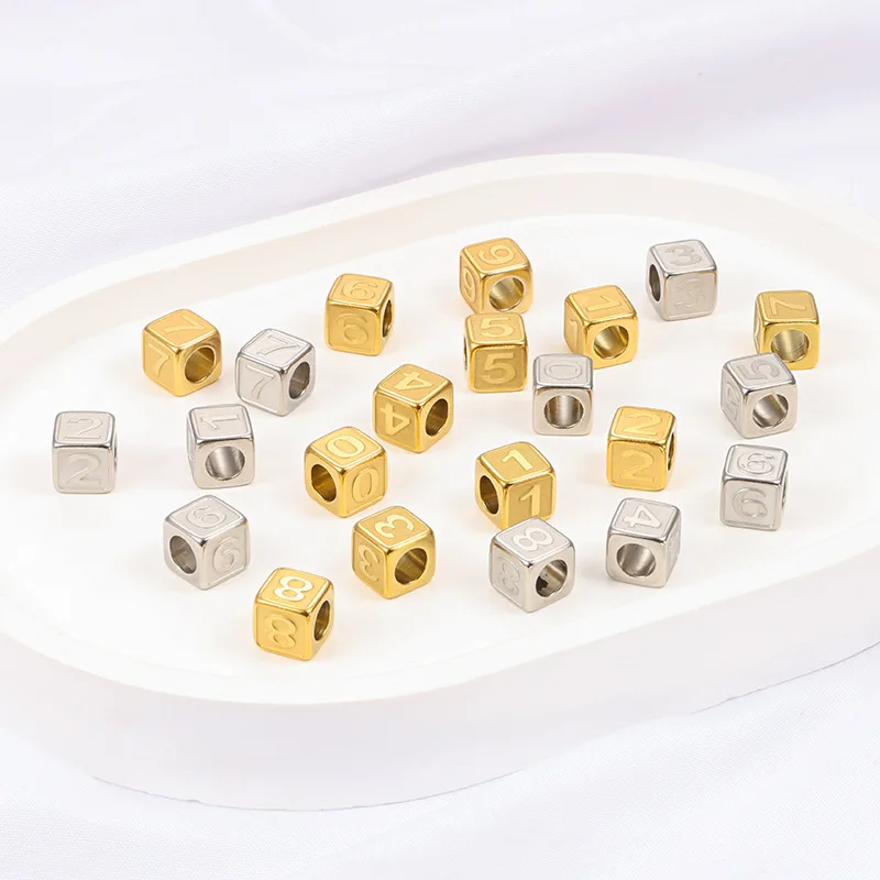 Stainless Steel Numbered Through-Hole Square Beads Gold Color Accessories DIY Beading Necklace Bracelet Combination