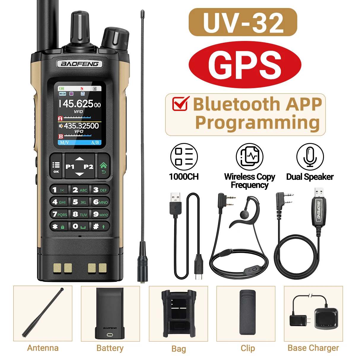 BAOFENG UV-32 Walkie Talkie GPS Multi Band 10W Bluetooth Draadloze Programmering Kopieerfrequentie 1000CH Lange afstand Ham Tweerichtingsradio