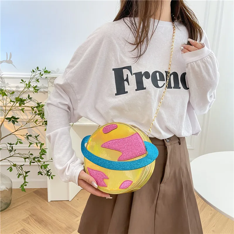 Laser Circular Planet Shape Pursess and Handbags for Young Girls Cute Cartoon Women Chain Crossbody Bag Fashion Novetly Clutch