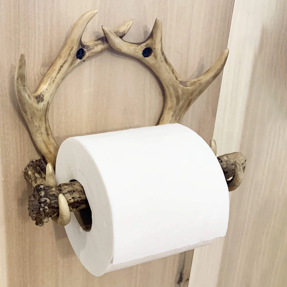 RTCX-Rustic Deer Antler Wall Mounted Toilet Paper Holder American Country Resin Crafts Paper Towel Rack for Home Decorations