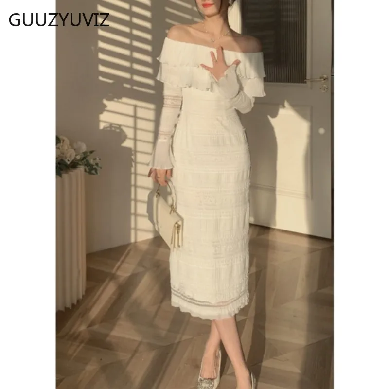 

GUUZYUVIZ White Off Shoulder Ruffles Dresses for Women Autumn Winter Elegant Long Sleeve Hollow Out Party Bodycon Dress Vestidos