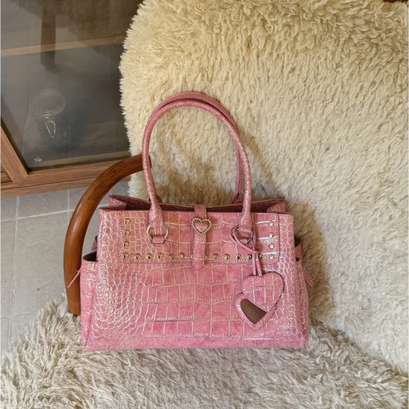 Luxury Crocodile-print Handbag For Women Fashion Pink Heart Design Multi-layer Briefcase Hot Girls Large Capacity Commuter Bag