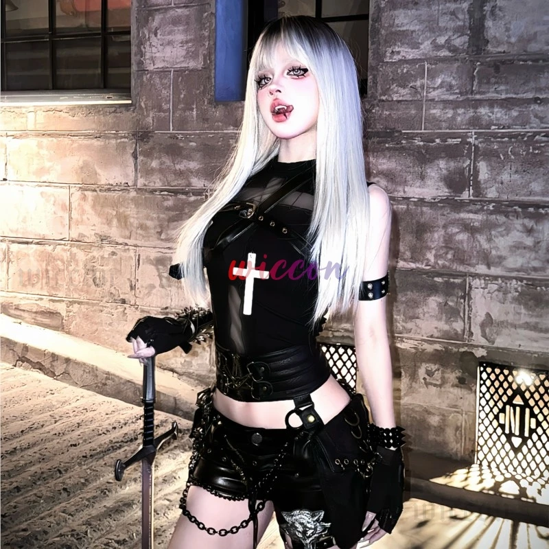 

Anime Devil's City Queen Unifrom Women Cool Girl Punk Cyber Dark Gothic Tshirt Leather Waist Cincher Mini Shorts Spicy Girl Set