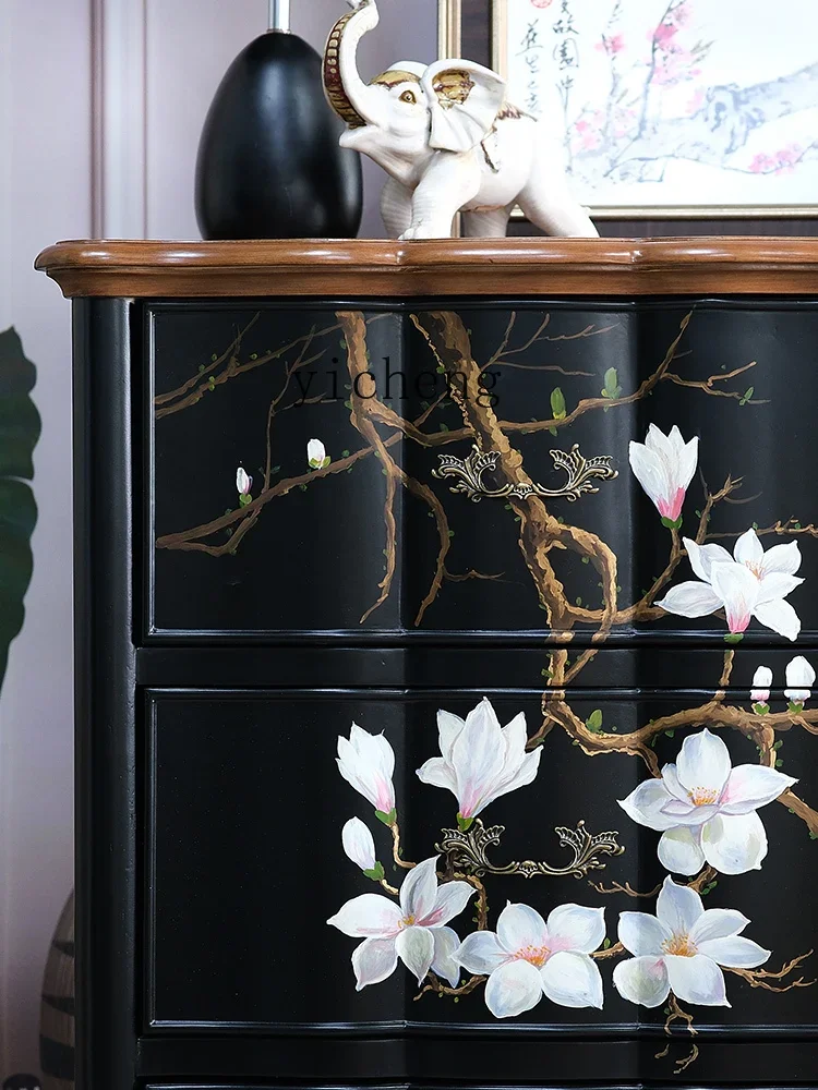 

TQH New Chinese Style Solid Wood Living Room Vintage Distressed Side Cabinet Painted Bedroom American Style Bedside