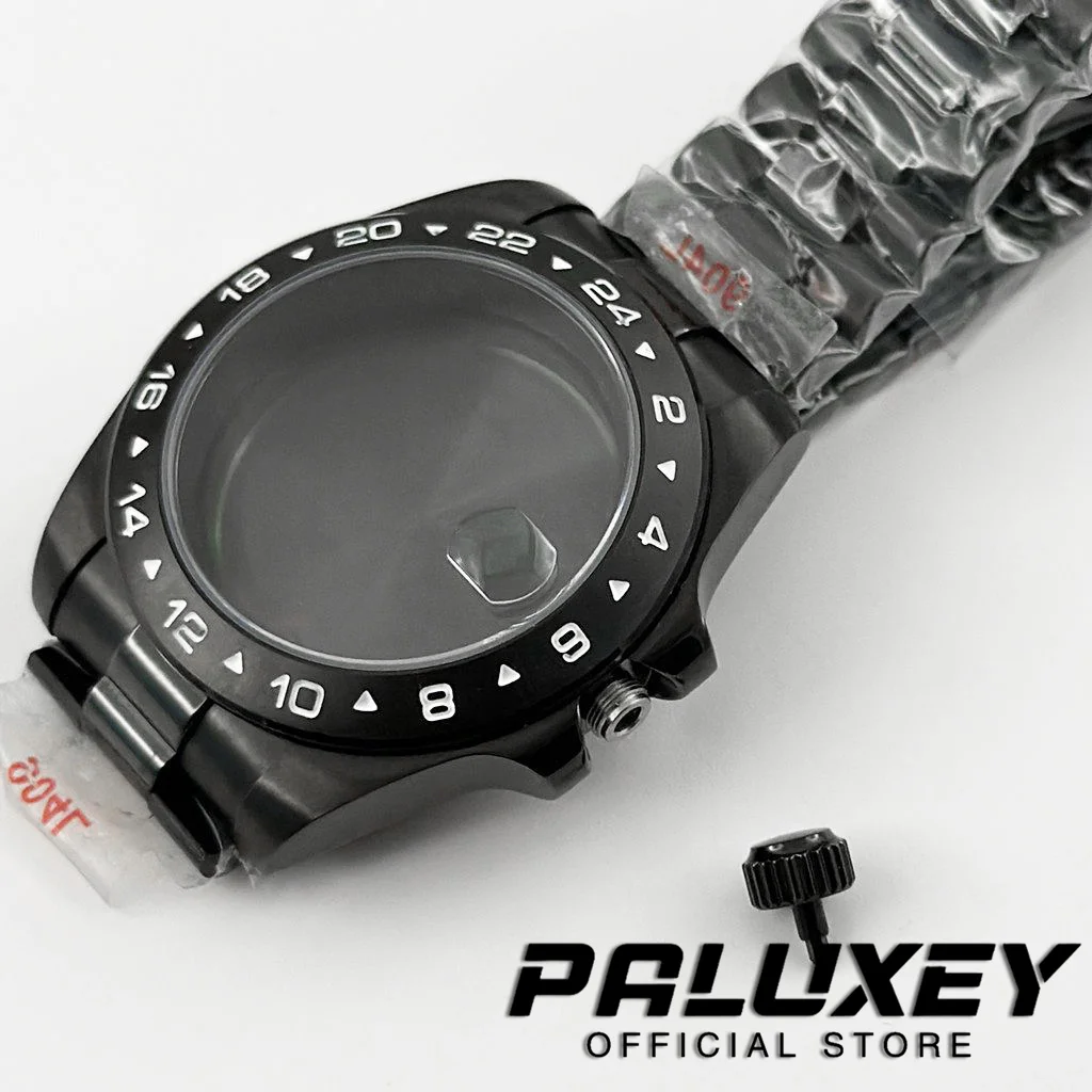 PVD Czarny EXP 24-godzinny 40MM Stała ramka Koperta zegarka Bransoletka ze stali nierdzewnej Szkło szafirowe do mechanizmu NH34 NH35 NH36 ETA2824