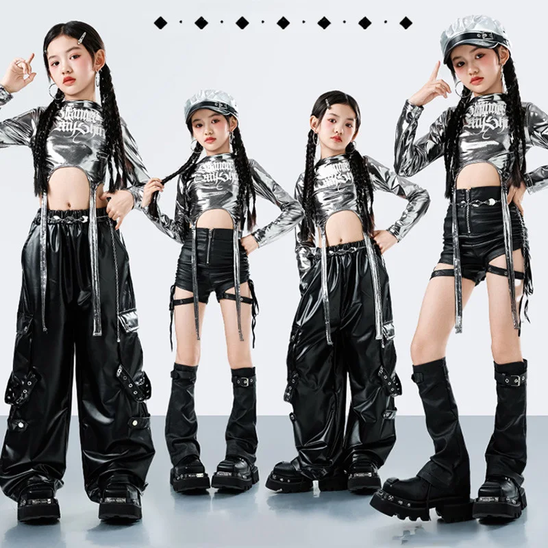 

Girls Group Jazz Dance Clothes Silver Leather Top Black Leather Shorts Pants Hip Hop Dance Set Streetwear Costume