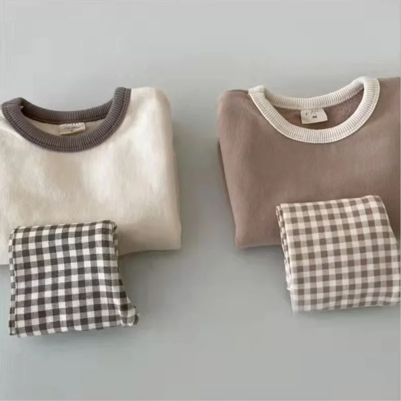 Haut à manches longues et pantalon à carreaux pour bébés garçons et filles, ensemble de pyjamas pour enfants, coton pour tout-petits, mode décontractée solide, nouveau, 2 pièces, 2022