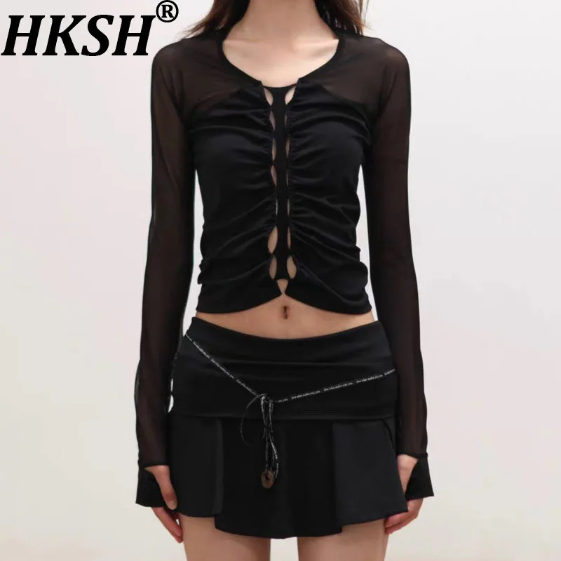 HKSH Spring Summer New Women T-shirt Hollow Out Patchwork Sheer Mesh O-neck Long Sleeves Elegant Tide Sexy Tee Chic Tops HK16628