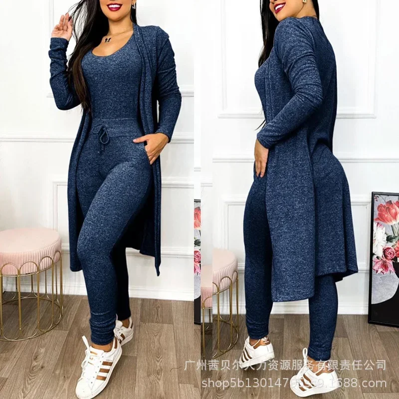 Drawstring Pocket Design Jumpsuit & Coat Set Autumn 2023 Women One Piece Long Pants Jumpsuit High Waist Coats Two Piece Sets