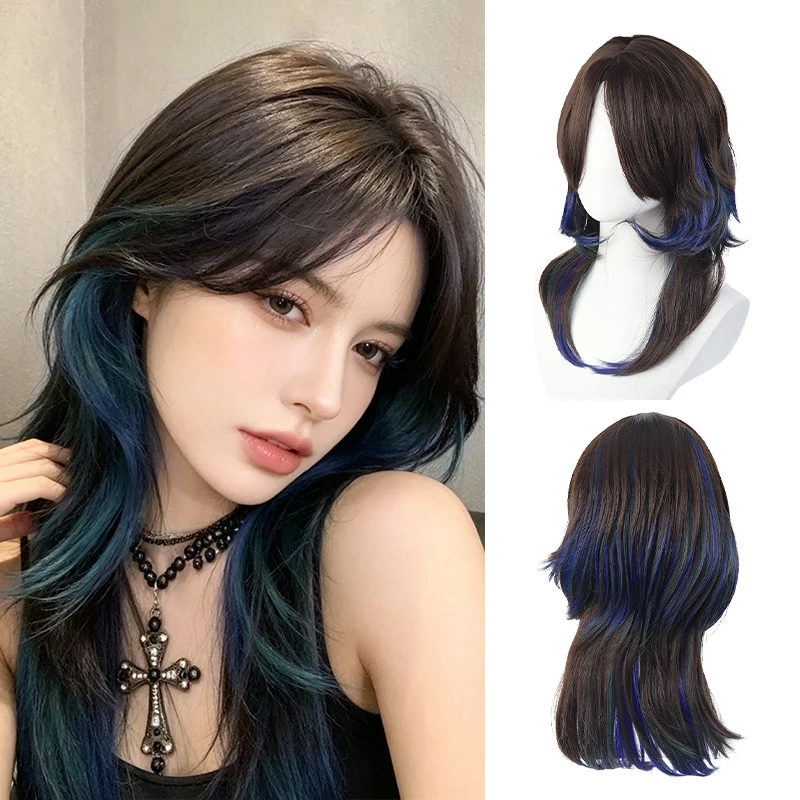 Women Synthetic Wolf Cut Wig Curtain Bangs Dark Brown Blue Green Highlight Heat Resistant Fiber Daily Cosplay Hair Wig