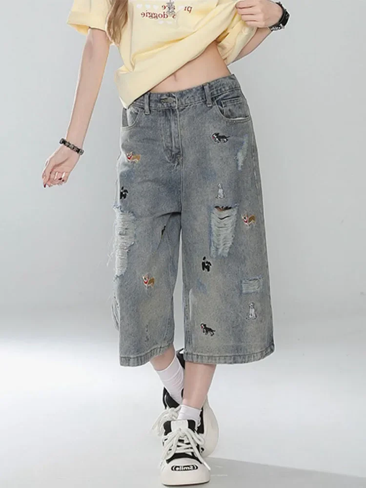 

Women's Pierced Puppy Embroidery Calf-length Jeans Street Style Baggy Denim Trouser Vintage Boyfriend Wide Legs Shorts