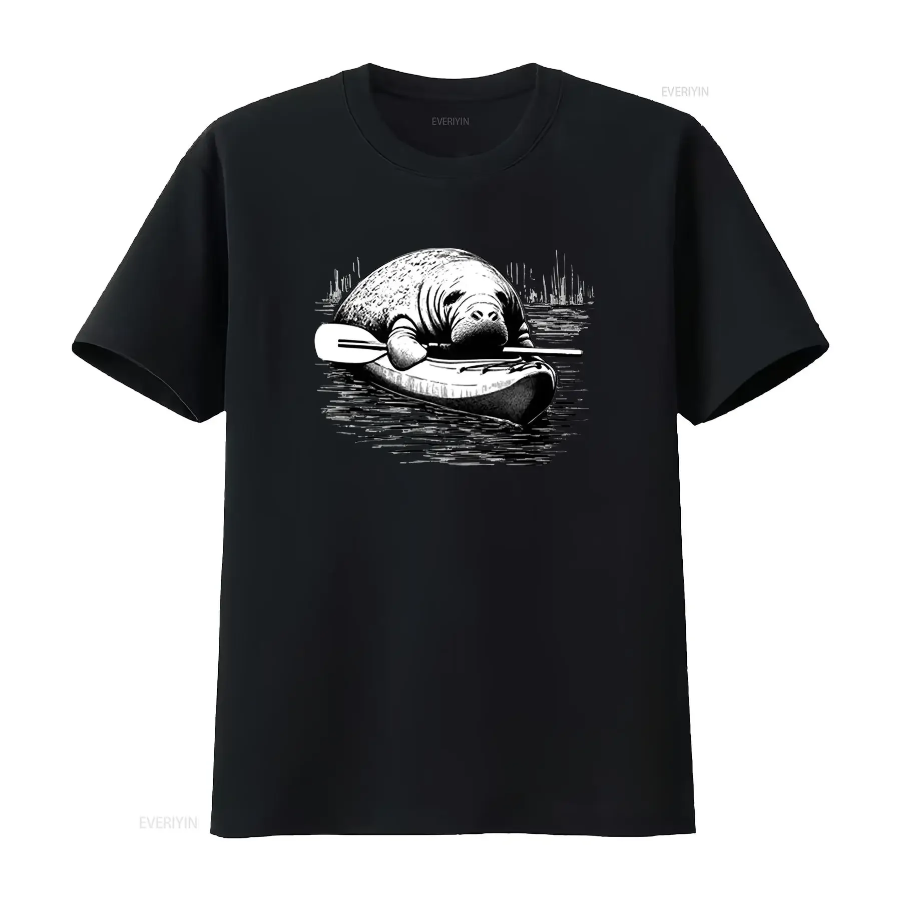 Vintage Black White Sketch Funny Manatee Kayaking Outdoor Casual Print T Shirt vintage Washed Stretched Stylish Slightly
