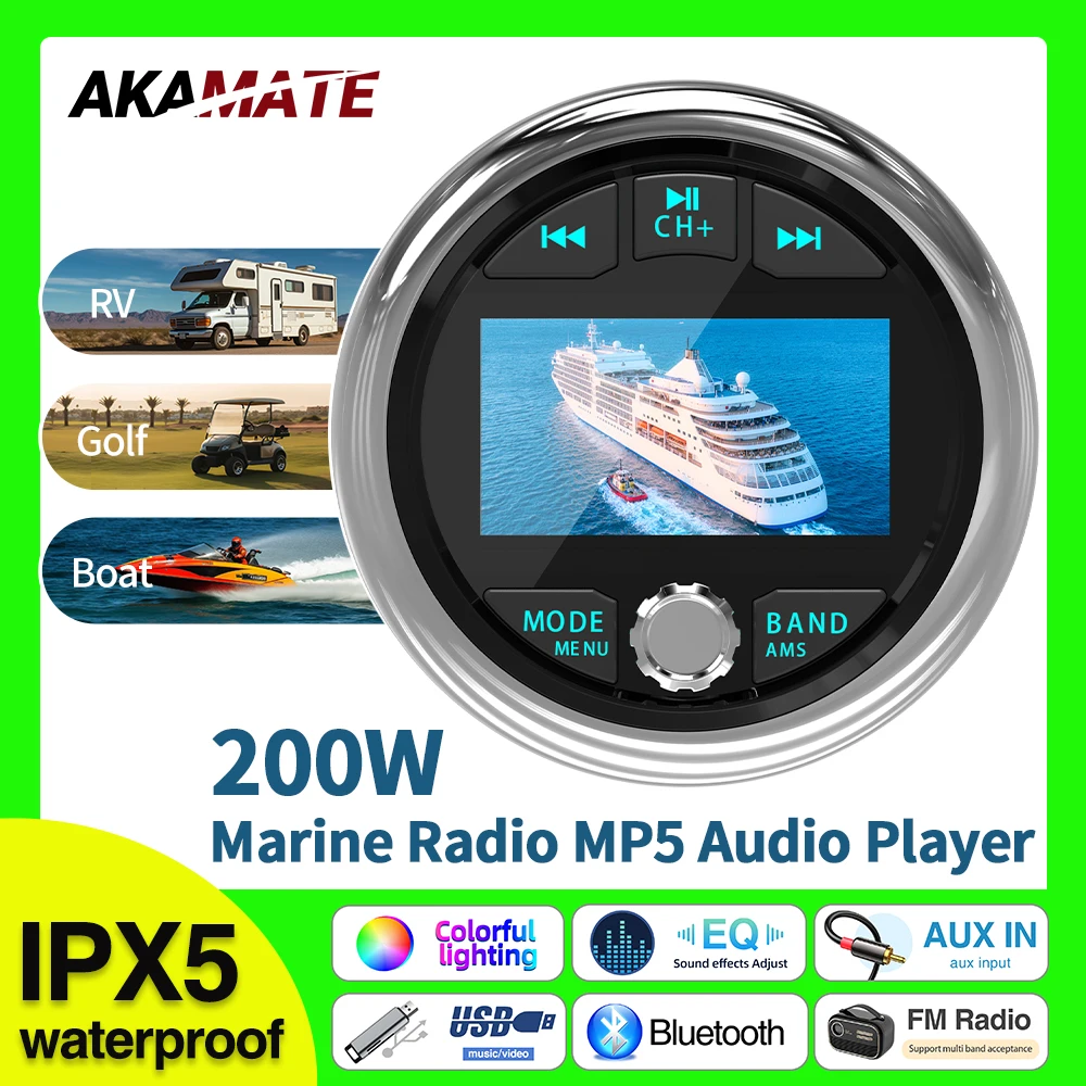 For RV Radio Boat Radio MP5 Stereo Source Media Player AM FM Receiver MP3 Music MP4 Video Play Bluetooth AUX for Yacht  ATV UTV