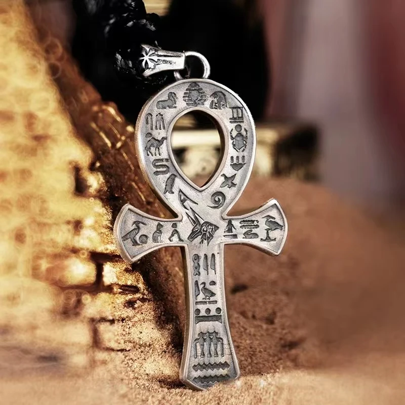 Ancient Egyptian Pharaoh Life Anka Cross Stainless Steel Necklace Anubis Totem Pendant Men\\\'s Amulet Jewelry Leather Rope Chain