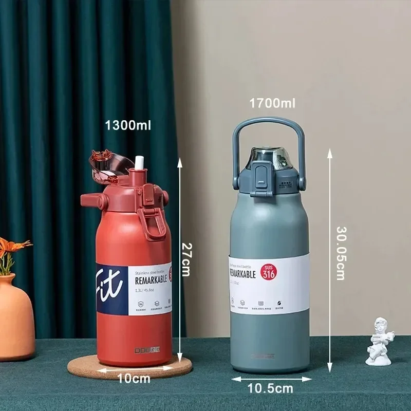 1700ML Stainless Steel Thermos Cup Tumbler Fitness Straw Insulating Cup Sports Water Bottle Outdoor Travel Vacuum Flask Kettle