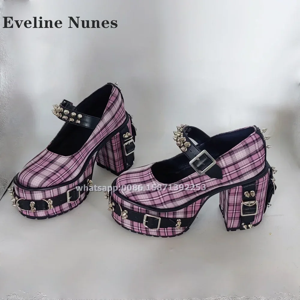 Pink Plaid Rivet Buckle Strap Pumps Round Toe Chunky Heels Shallow Punk Women Mary Janes Gothic Style Plus Size Shoes 2024 Trend