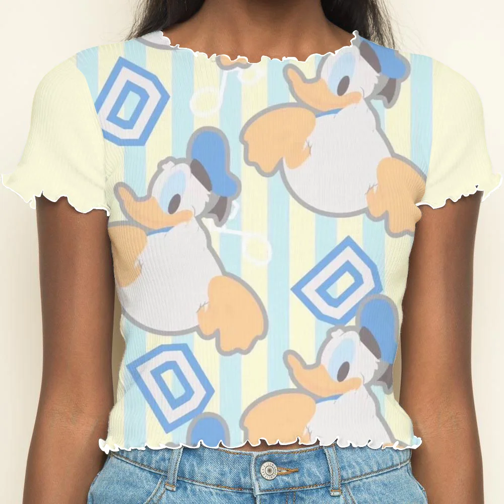 Donald Duck Crop Tops Sexys Short Sleeve Y2k T-shirts Disney T-shirt Lettuce Trim Summer Clothes Women 2024 Daisy Crew Neck Top