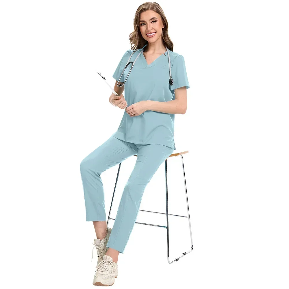Women's Nursing Uniform Beauty Salon Loose and Comfortable V-Neck Solid Color Summer Thin Two-piece Set
