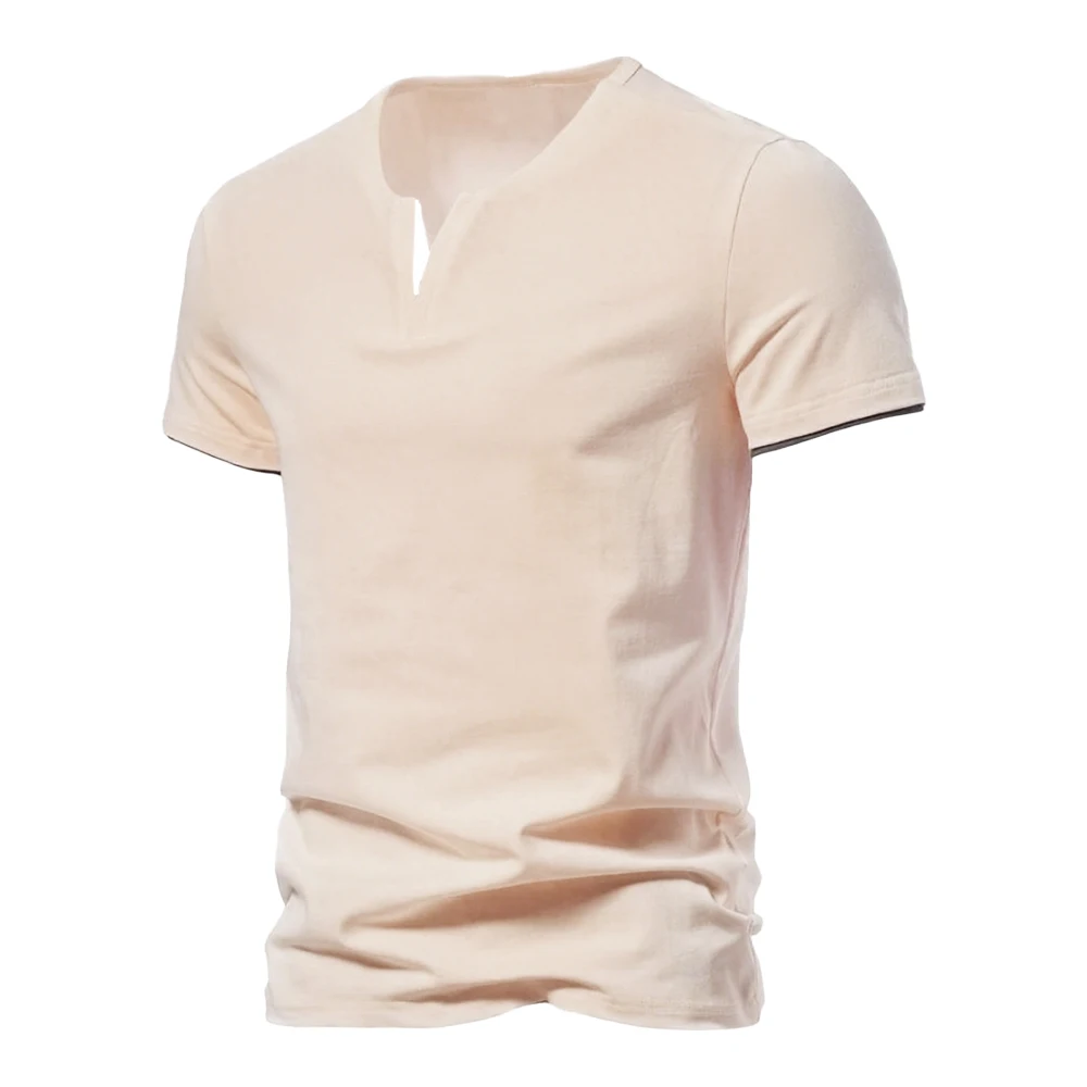 Herren Kurzarm Henley-Shirt Lässiges Sommer V-Ausschnitt T-Shirt Casual Slim Fit Einfarbig Locker Sitzend Fitness Sport Atmungsaktives Oberteil – Detail 9