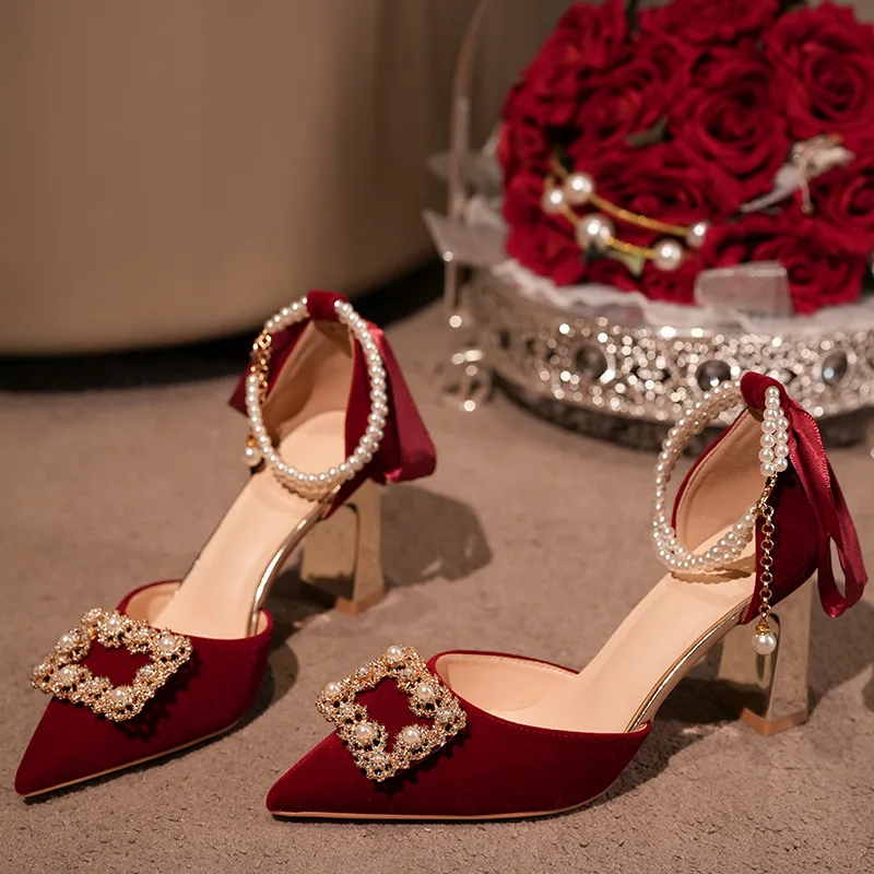 

Chinese Retro High Heels Women's Thick Heels Wedding Bride Shoes Red Shoes Women