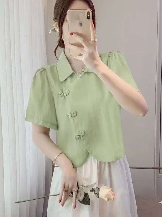 Retro Chinese Style  Collar Short Sleeve Bubble Sleeve Shirt Women's Summer Fashion Cloud Silk Top Small Size Friendly