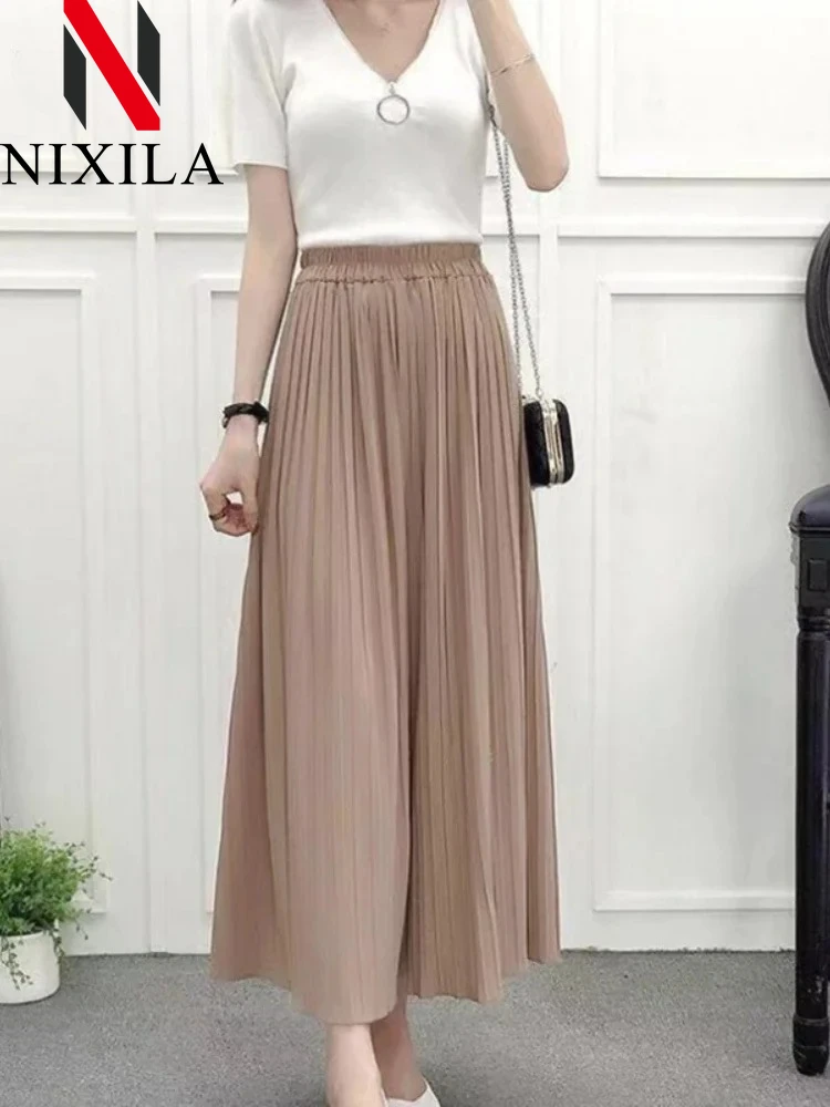 Summer Women Pants Korean Fashion Solid Elastic Waist Pleated Loose Skirt Pants Oversized Size Casual Wide-leg Cropped Clothing