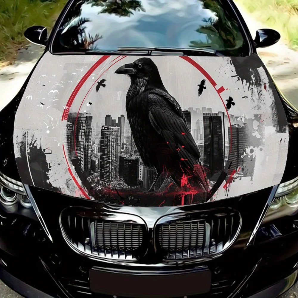 

Eerie Crow Ruined City Car Hood Vinyl Wraps Sticker, Car Engine Decal, Waterproof Self-adhesive Car Packaging Cover, Universal C