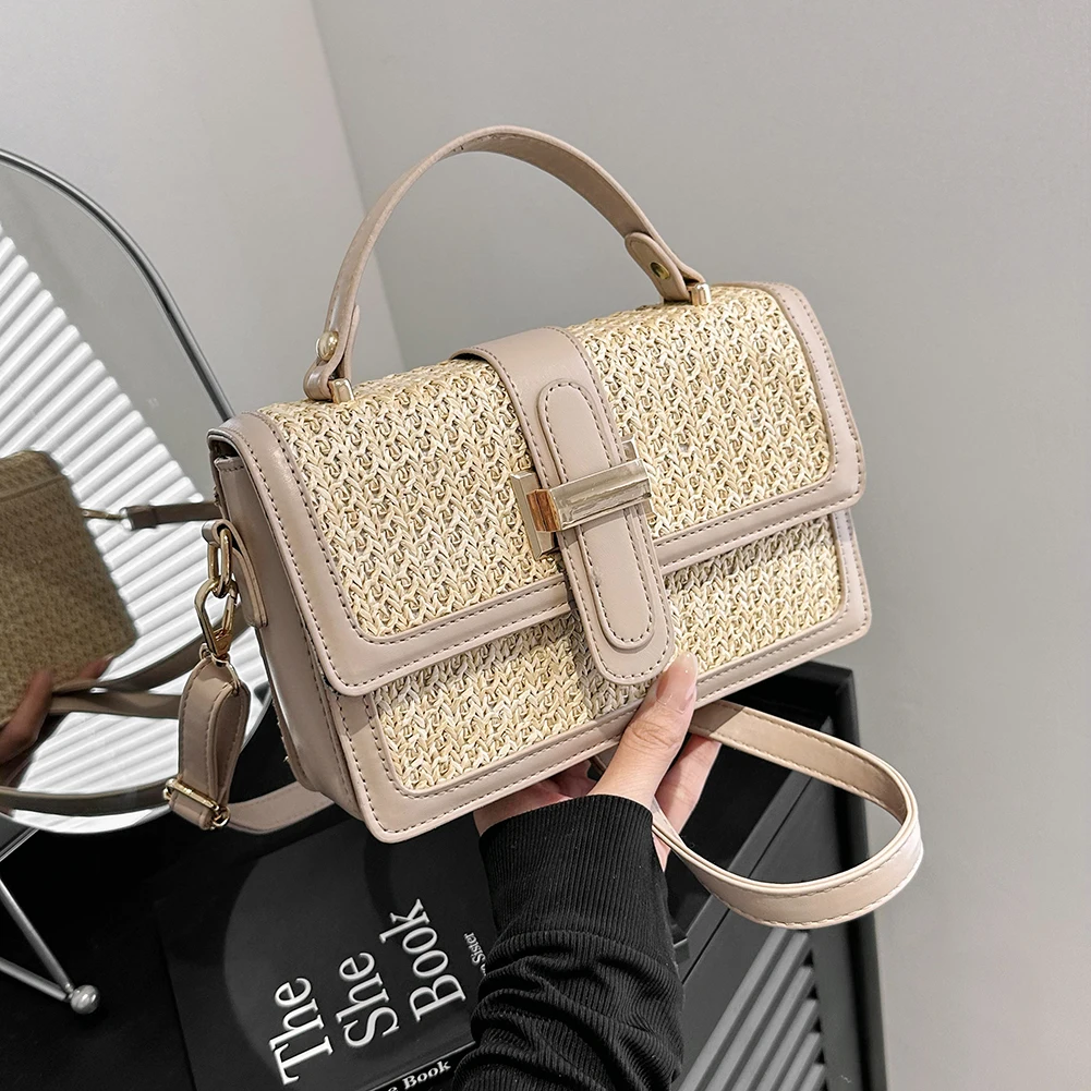 PU Leather Straw Crossbody Bag Flap Shoulder Bag with Adjustable Strap Holiday Travel Handbag Chic Satchel Purse for Women