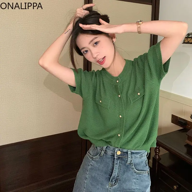 Onalippa Sweet Green Cardigan Thin Short Sleeves Single Breasted Solid Loose Knitted Cardigans Preppy Style Cropped Sweater