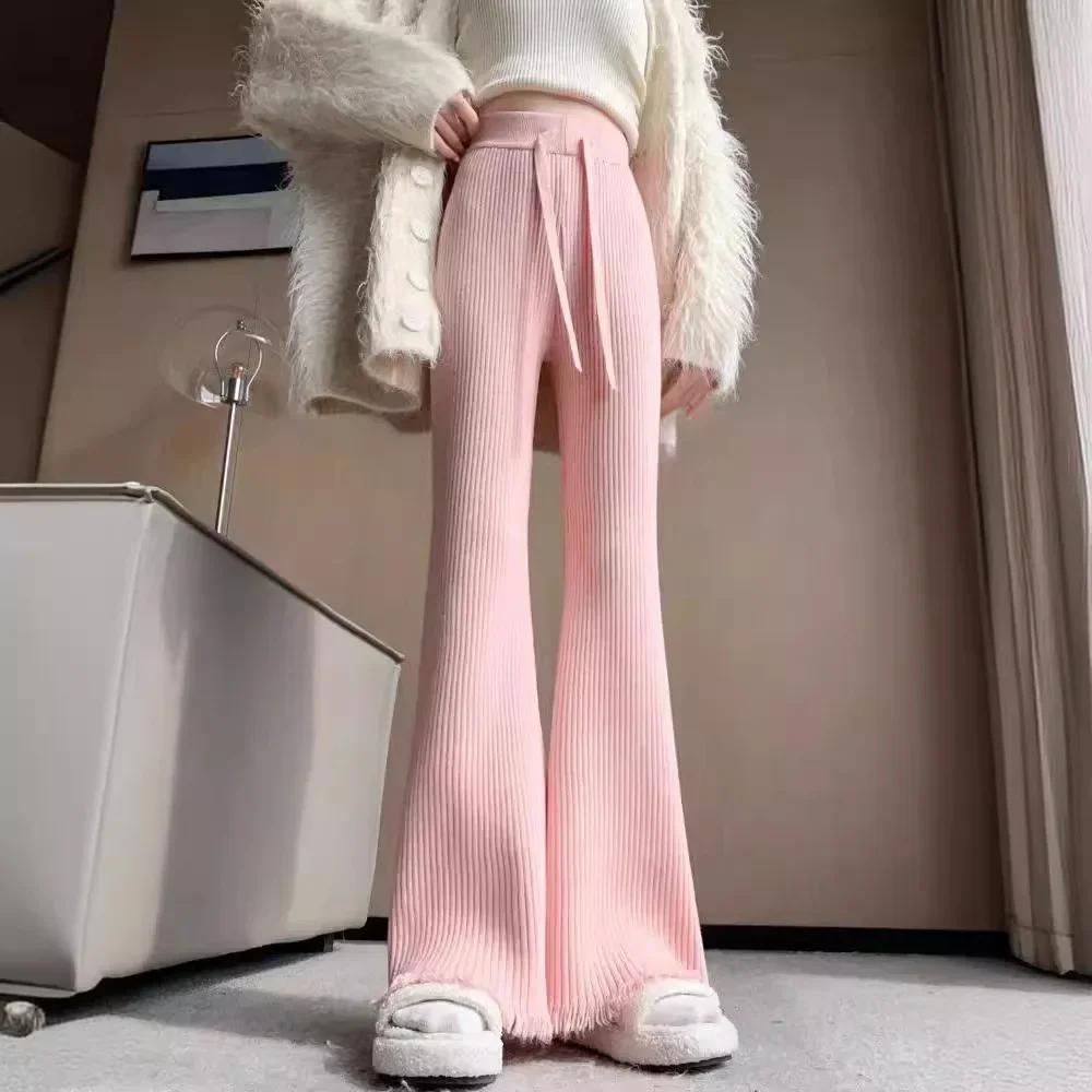 Korean version of knitted pants women's fringed micro-pull pants autumn and winter lazy casual glutinous rice