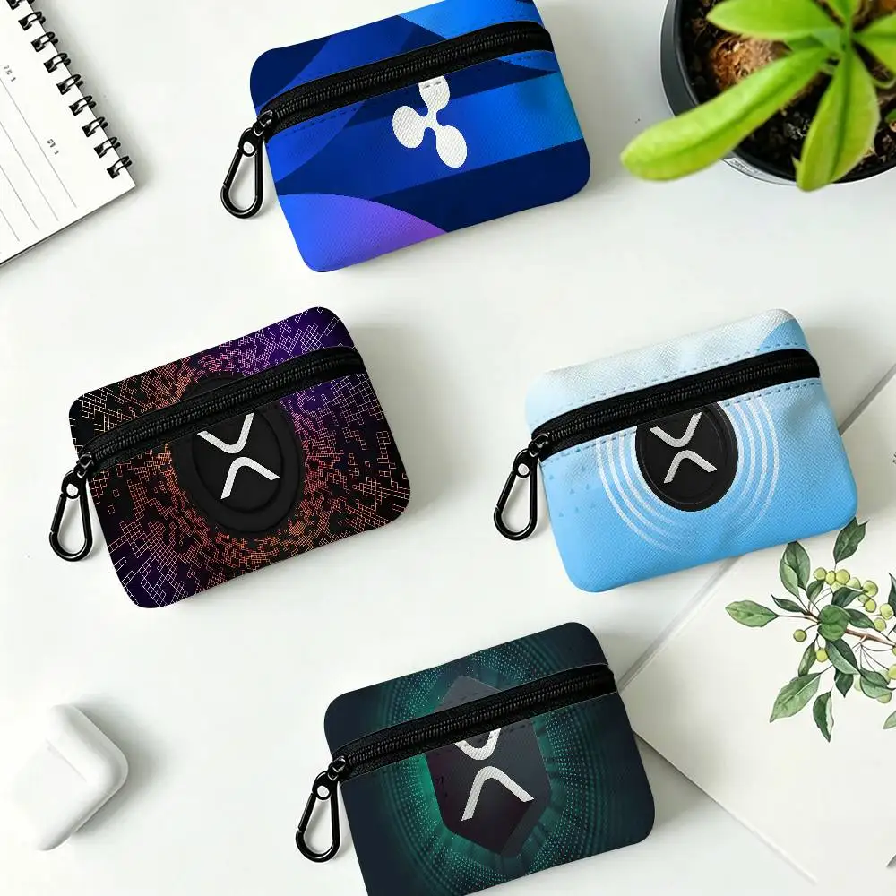 Xrp Ripple Crypto Anmie Compact Oxford Cloth Coin Purse Detachable Carabiner Hook Portable Key Card Organizer Pouch