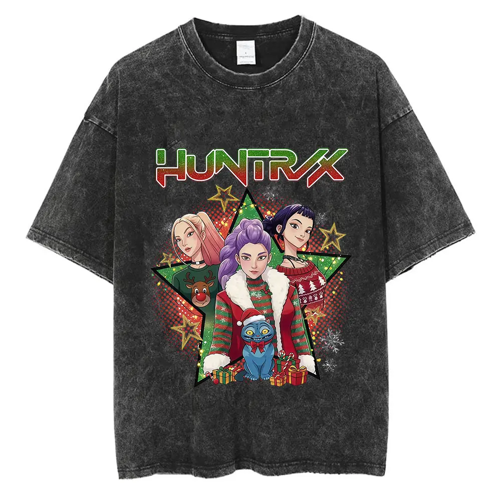 

2025 KPop Demon Hunters Huntrix Vintage Washed T Shirt Mens Women Fashion harajuku T-shirt Christmas Style short sleeve T-shirts