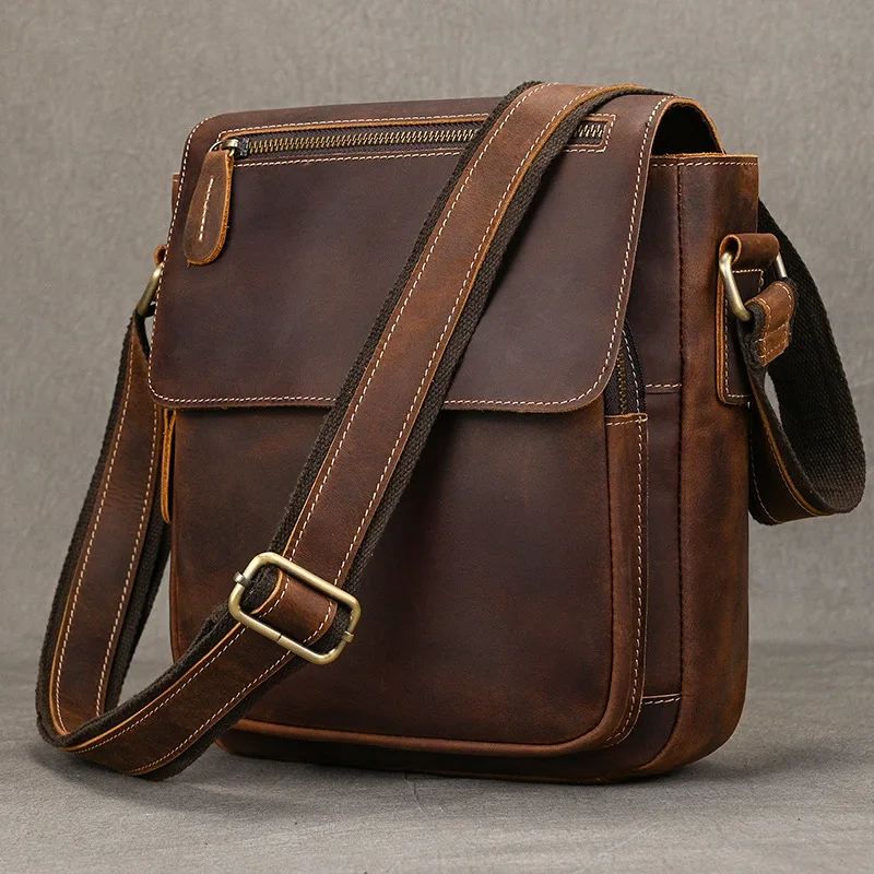 Men's Vintage Crazy Horse Leather Portable Crossbody Shoulder Bag Sale Trendy Minimalist Top Grain Cowhide Casual Everyday Purse