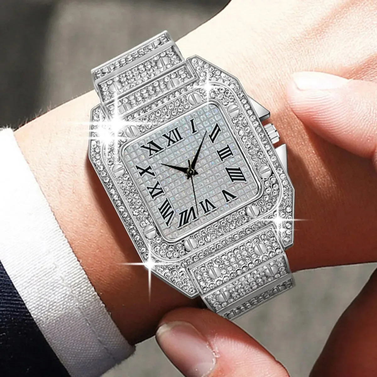 1pcs Fashion Business Calendar Men\'s Full Diamond Black Steel Band Quartz Watch