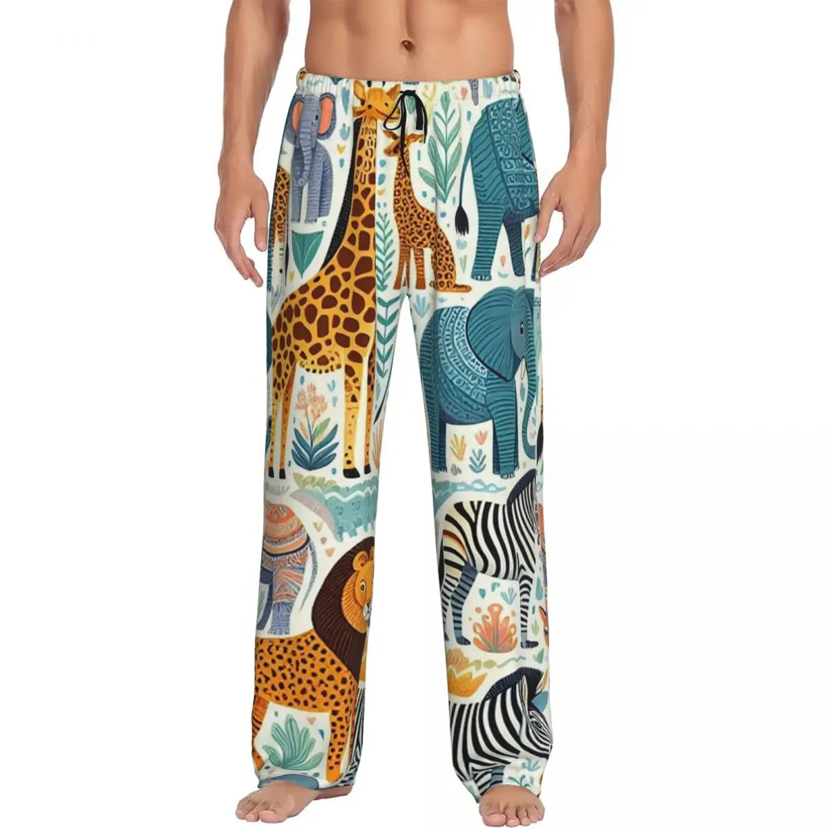 Custom Cartoon Zoo Animals Wild Safari Friends Pattern Pajama Pants Men Sleepwear Sleep Lounge Bottoms with Pockets