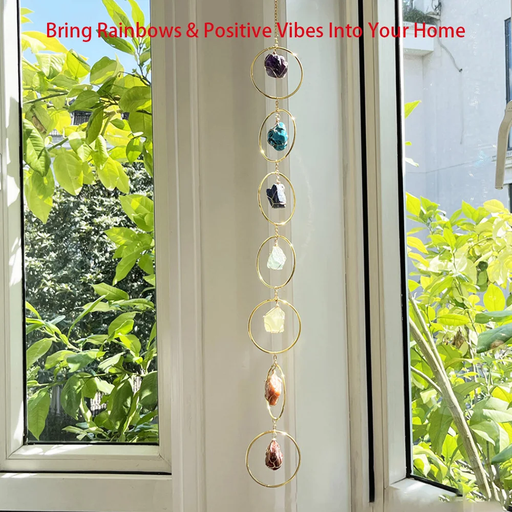 7-Color Natural Crystal Sun Catcher | Handmade Wind Chime | Rainbow Prism Light | Energy Cleansing Raw Stone Decor Healing