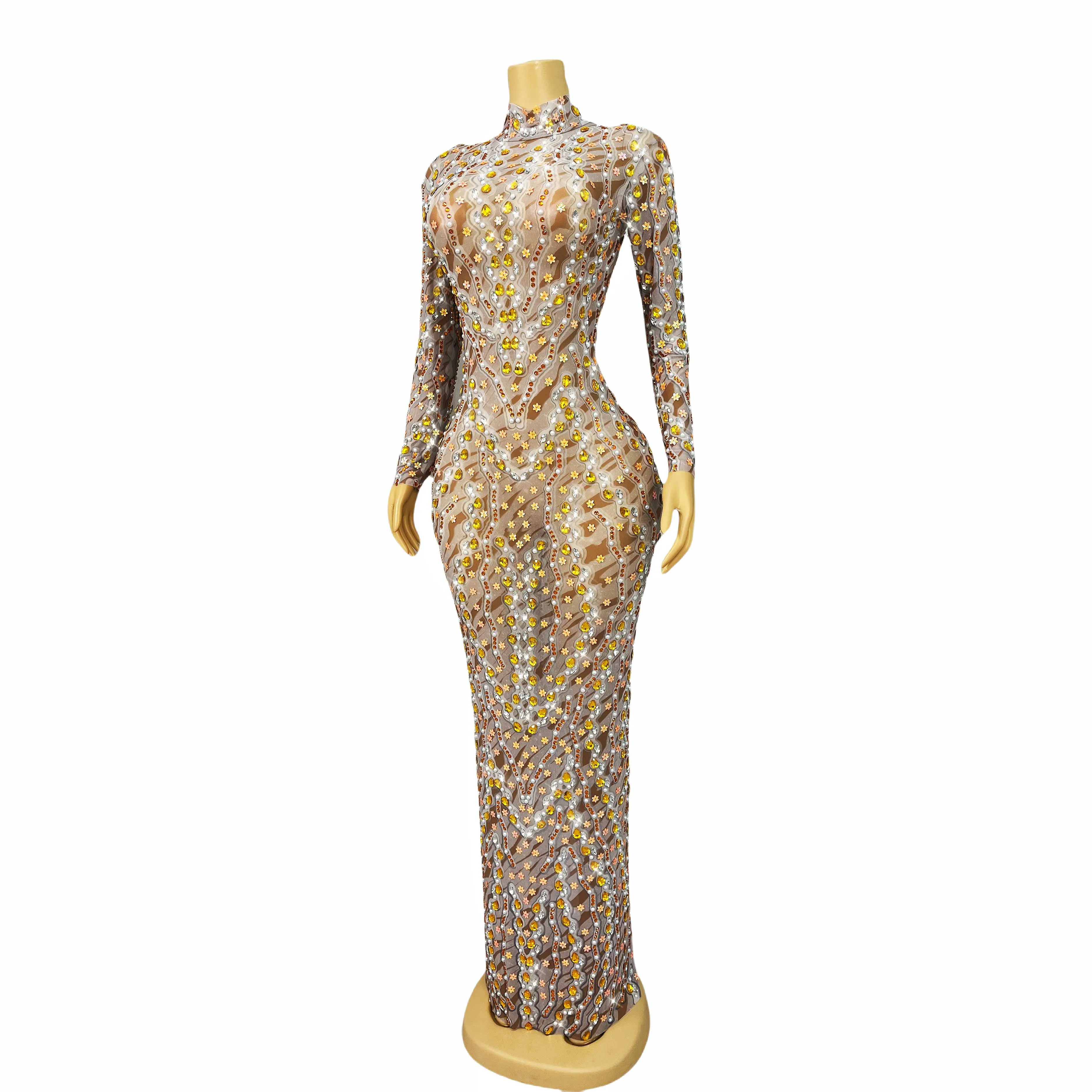 Colorful Rhinestones Sequins Flowers Dress Sexy Transparent Outfit Dance Stage Show Nightclub Women Costume Party Wear xuehuawen