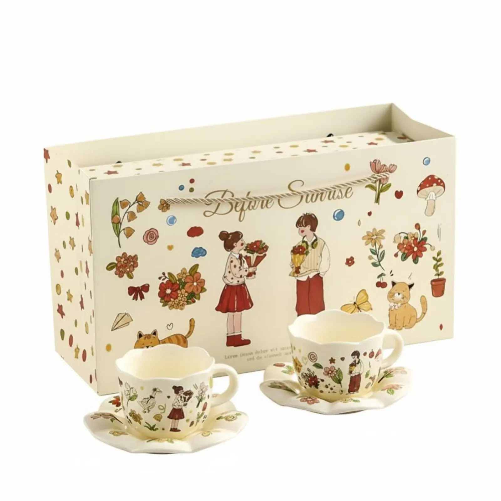 

Керамические парные кружки, подарочная коробка, мультяшный дизайн, для свадьбы, годовщины, новоселья, с полированной глазурью, креативная ручка