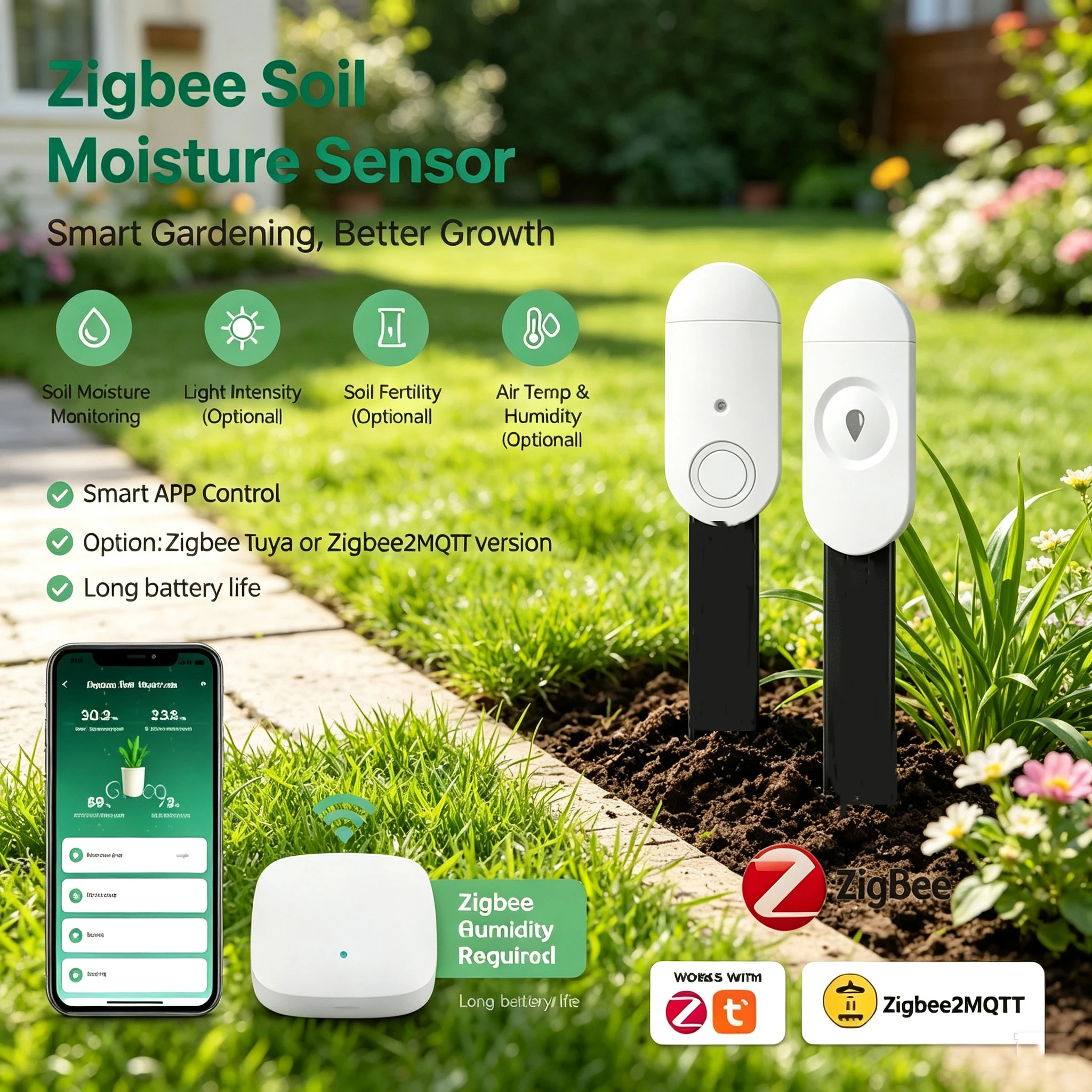 Smart Garden Moisture Sensor - Zigbee Temperature Humidity Moisture Detector Smart
