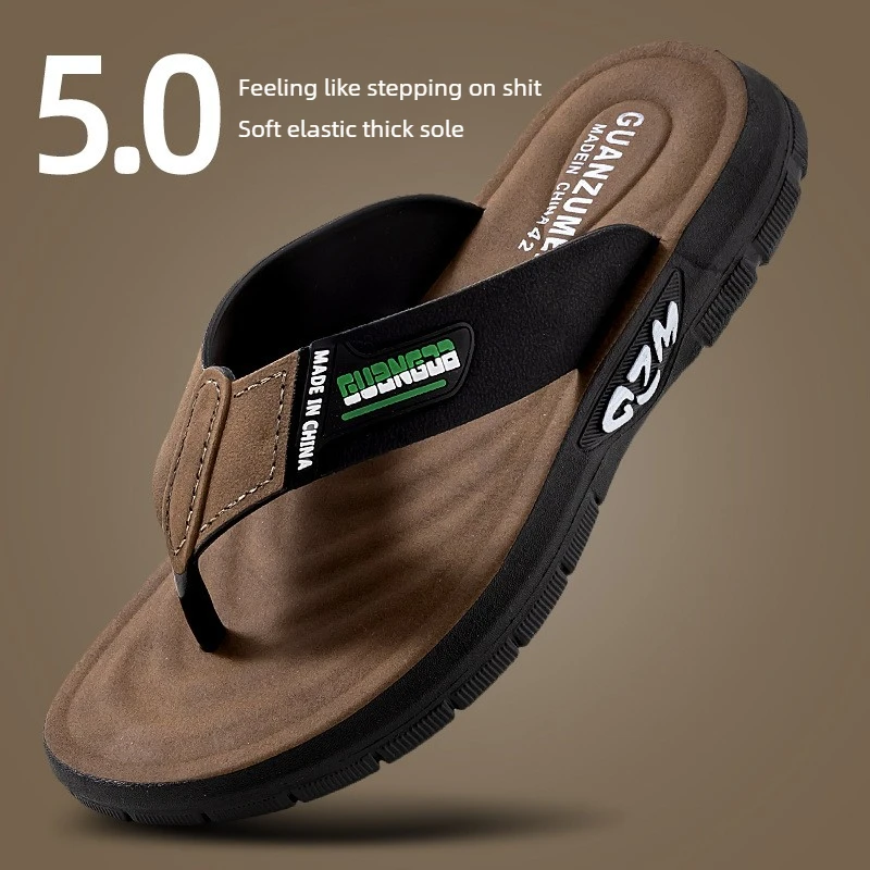 Herren-Leder-Flip-Flops, Sommer-Neuheit, rutschfest, dicke, weiche Sohle, verschleißfest, lässige Sandalen für Zuhause, draußen, Strand – Detail 2