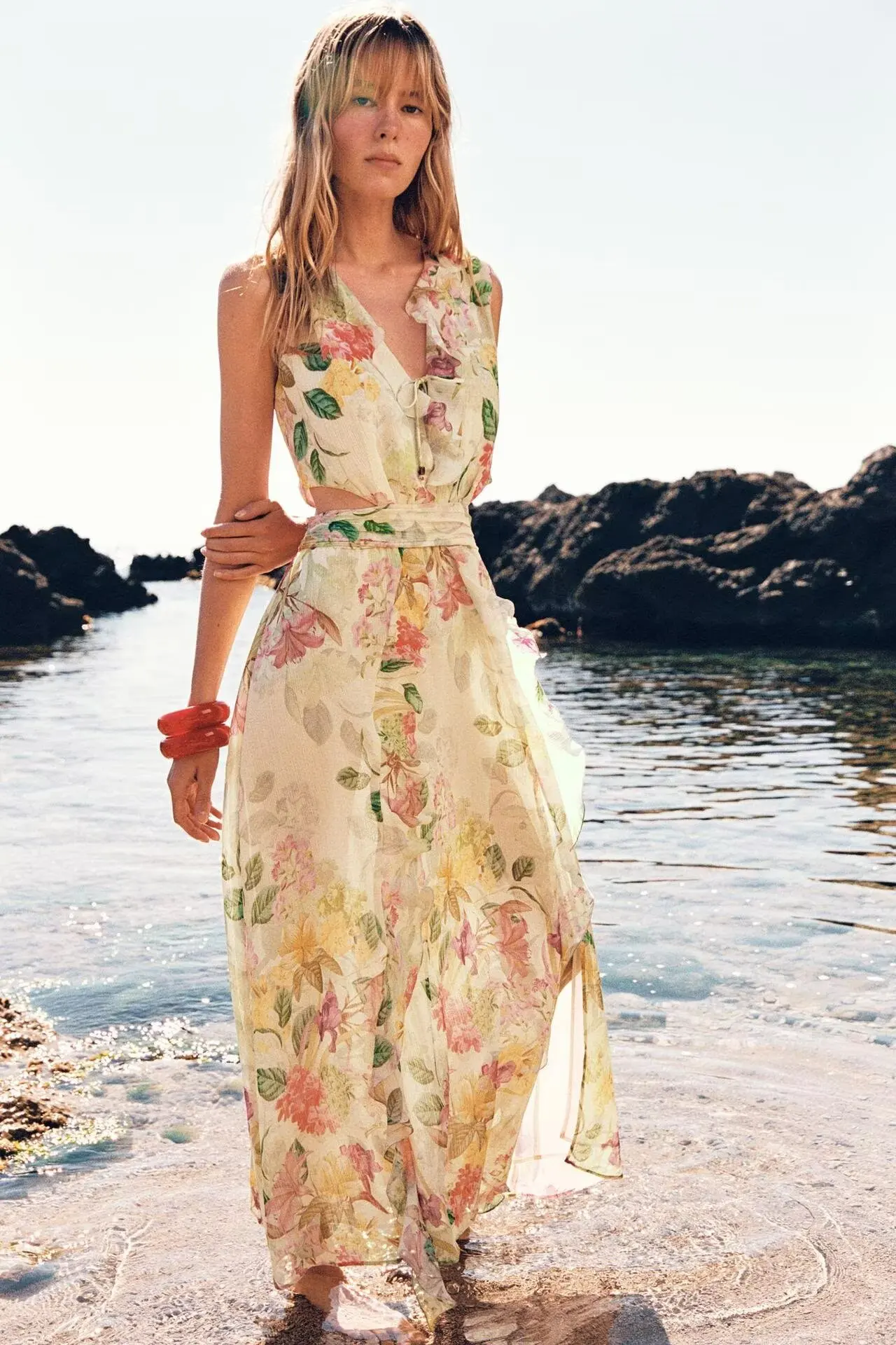

Ele Sexy Printed Belted Long Dr High Waist V-Ne Midi Skirt for Women Summer New Arrival Casual Chic Waist Exposure