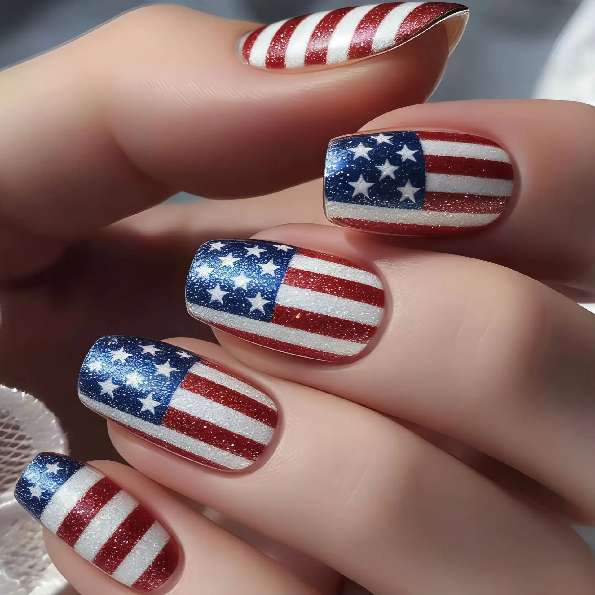 

Independence Day patriotic theme manicure, national flag star stripe design wearing nail fashion fake nail
