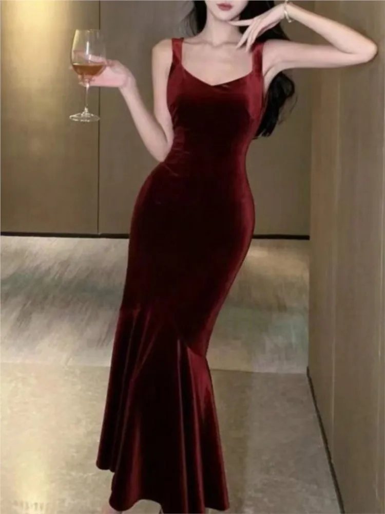 

French Elegant Style Vintage Wine Red Camisole Long Dresses Women's Spring Summer Solid Slim Mermaid Evening Party Robe New