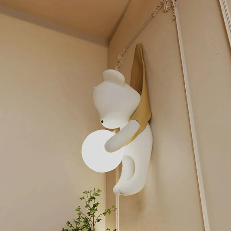 SANDYHA Nordic Resin Wall Lamp Cute Little Bear Design LED Light Children\'s Room Bedroom Decoration Home Study Lighting Fixtures